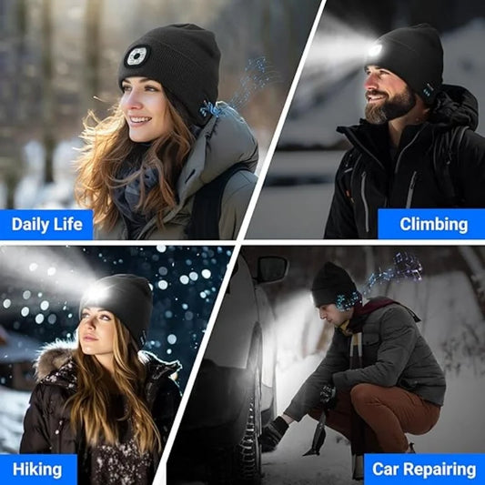 LED Headlamp Bluetooth Hat – Warm Knitted Music Cap with USB Charging